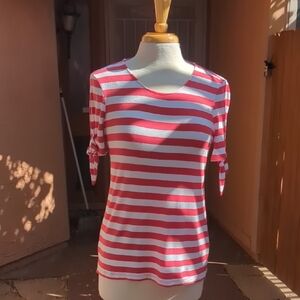 Chico's Pink and White Striped Short-Sleeve Tie-Sleeve Tee